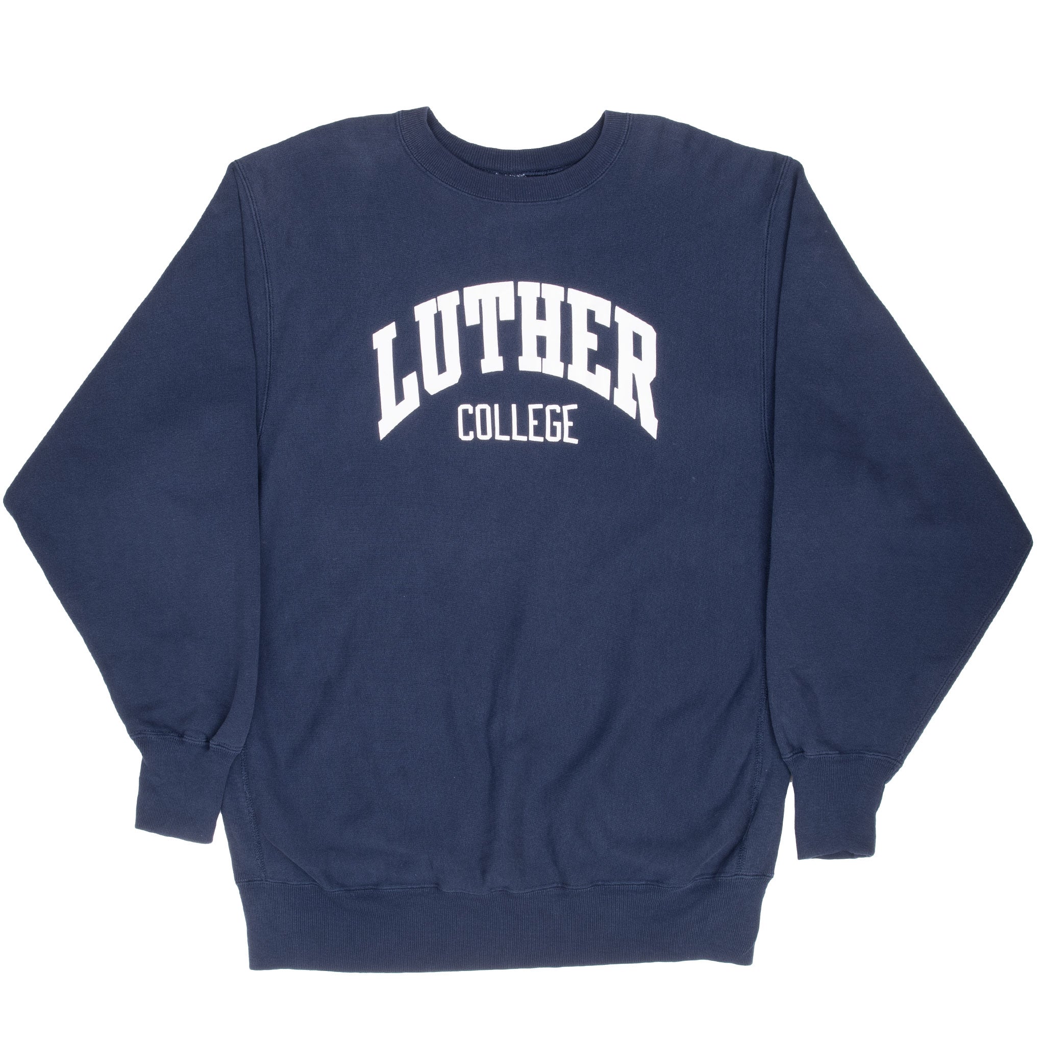 Full front view of navy Champion sweatshirt with arched Luther College lettering