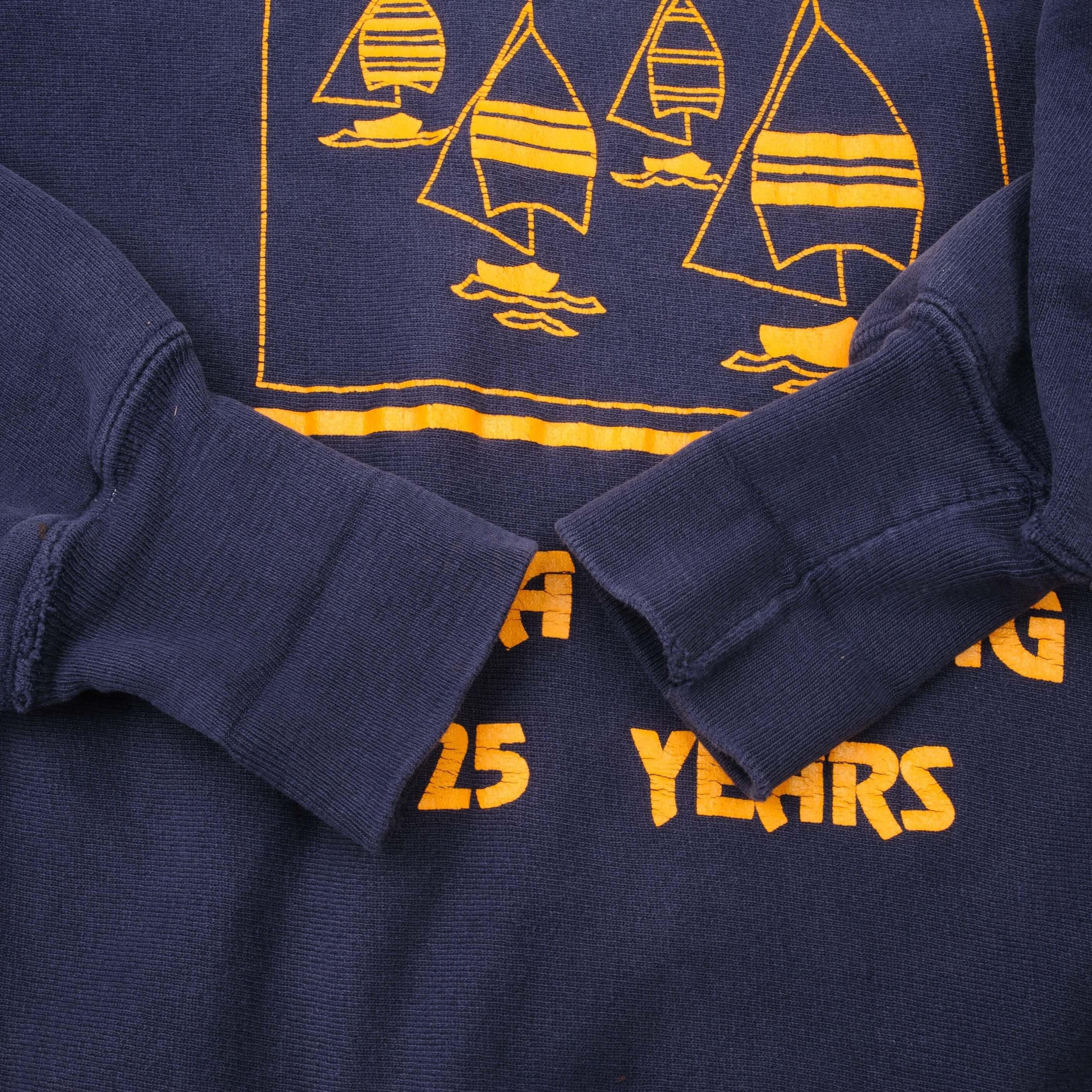 Vintage Blue Champion Reverse Weave University Of Iowa Sailing 25 years Sweatshirt 1980S Size Large Made In USA