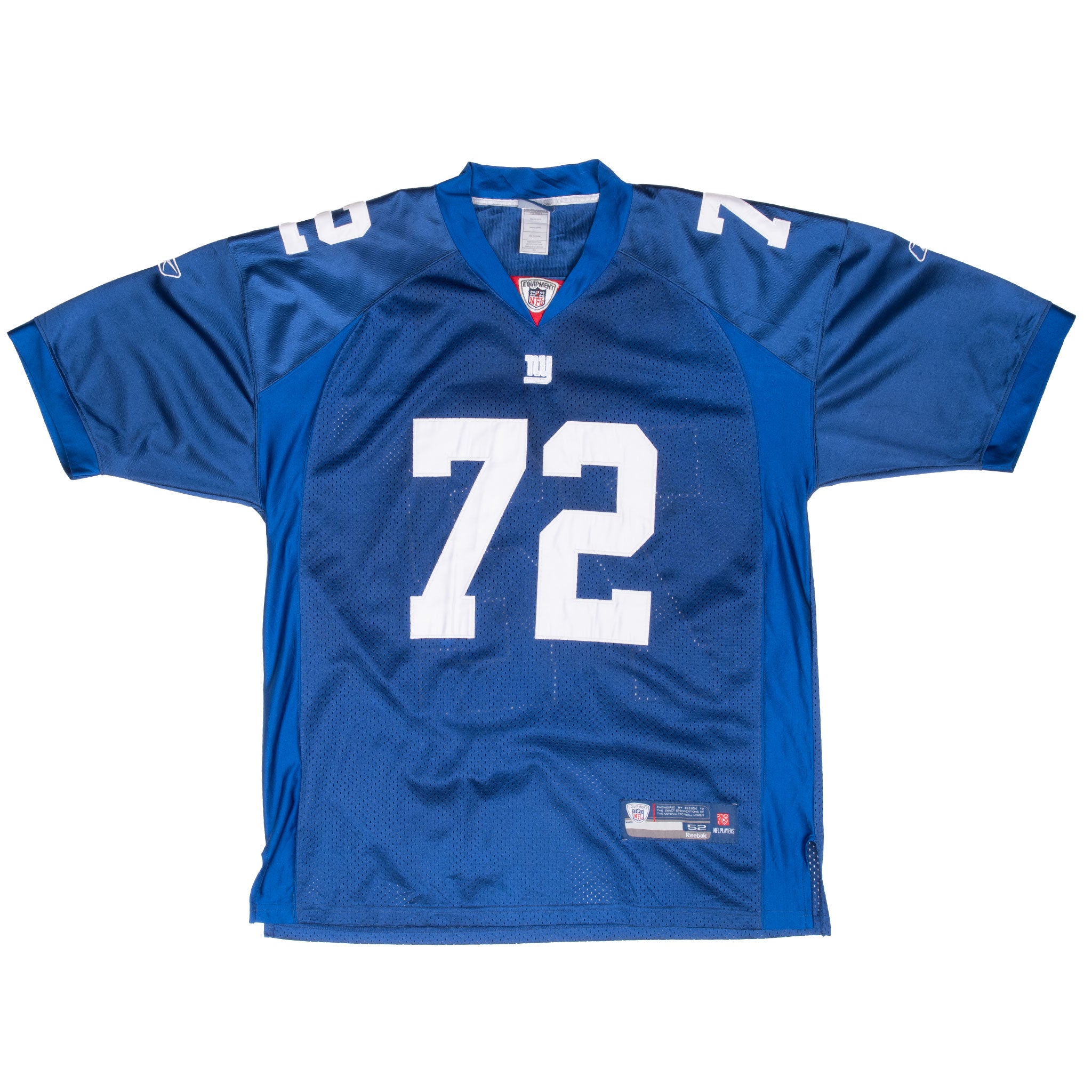 Front of blue New York Giants Umenyiora Reebok jersey with white number 72