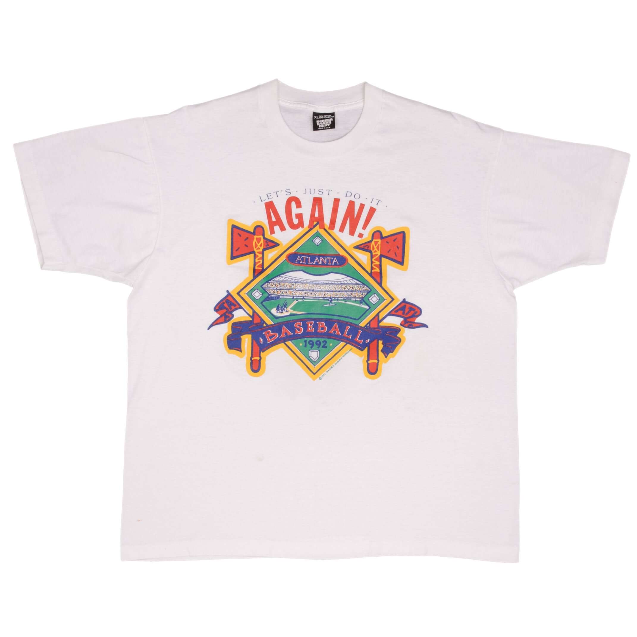 Vintage MLB Atlanta Braves Let's Do It Again 1992 Tee Shirt Size XL Made In USA With Single Stitch Sleeves