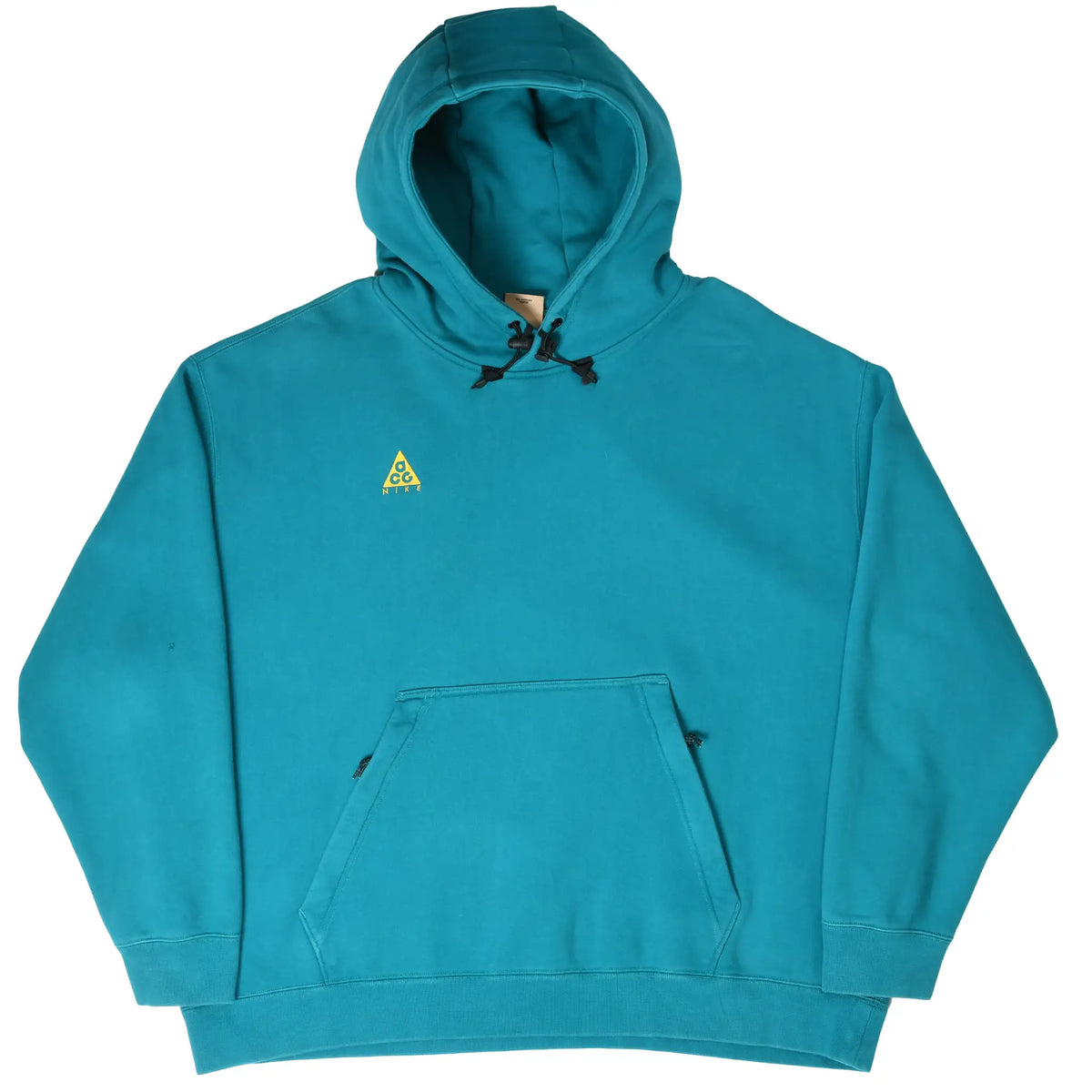 Front of teal blue Nike ACG hoodie showing yellow embroidered logo and kangaroo pocket
