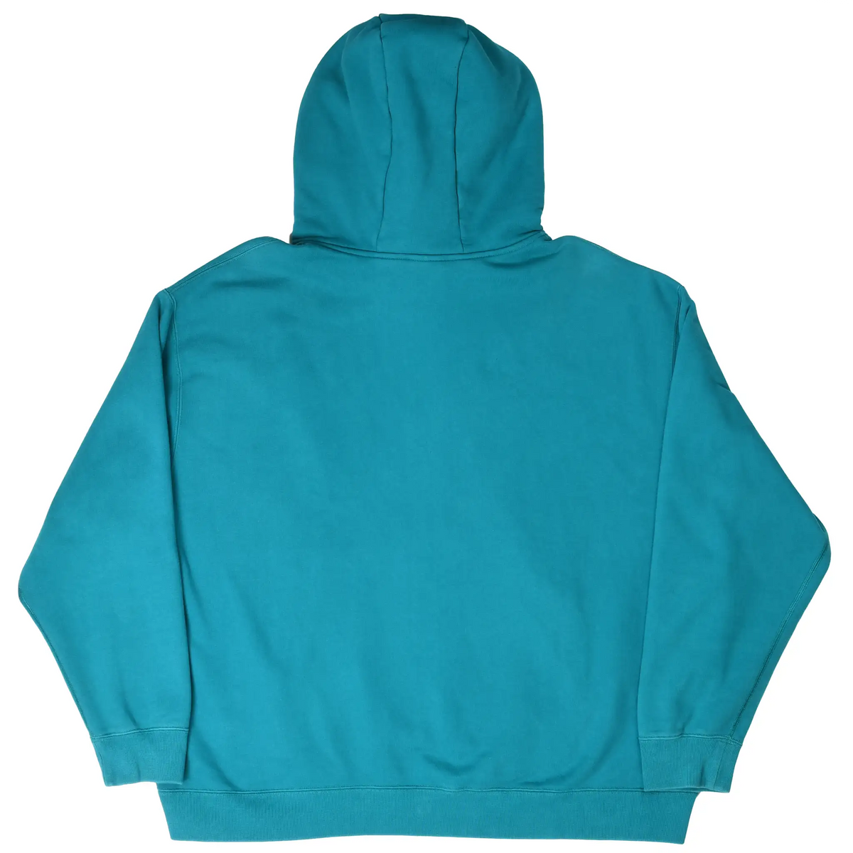 Back of teal blue Nike ACG pullover hoodie with plain body and ribbed cuffs and hem