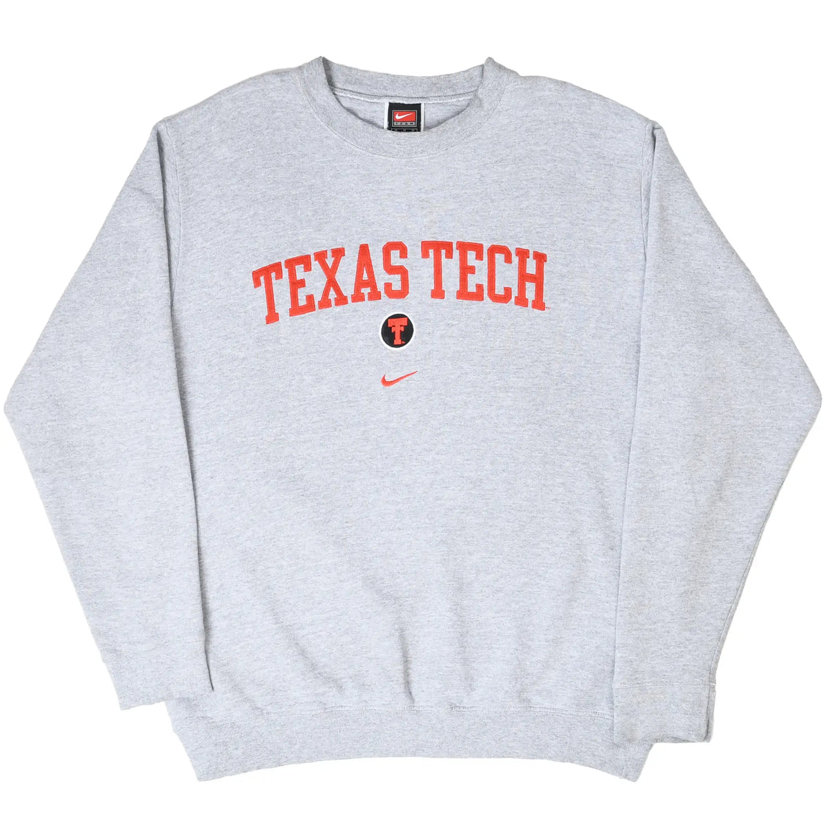 Full front view of grey Nike Texas Tech sweatshirt with red lettering and logos