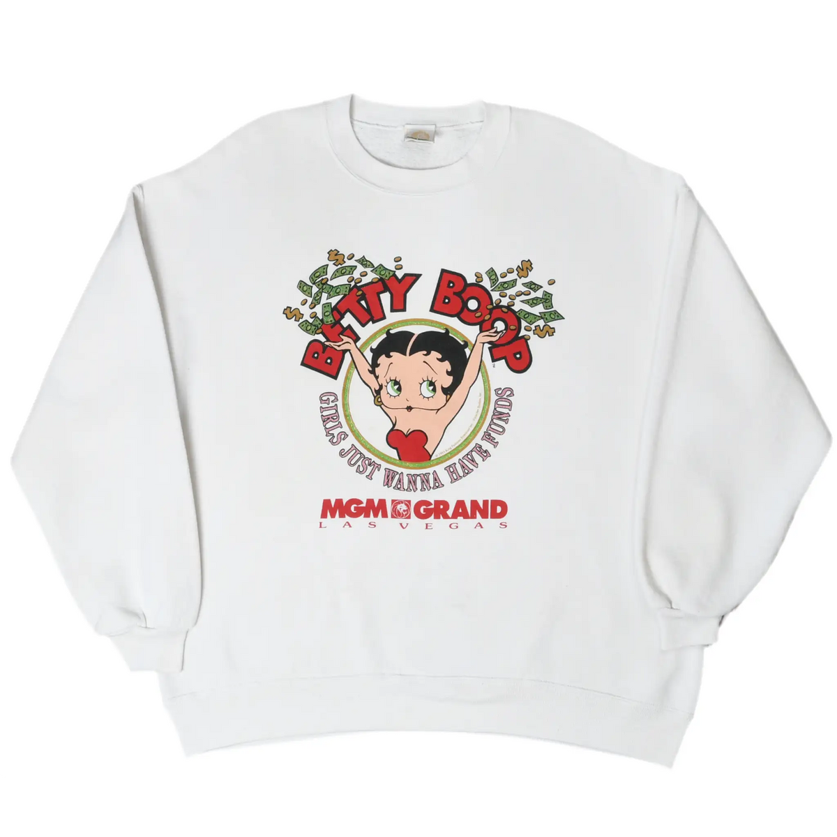 Full front view of white Betty Boop crewneck sweatshirt with money-themed MGM Grand Las Vegas print