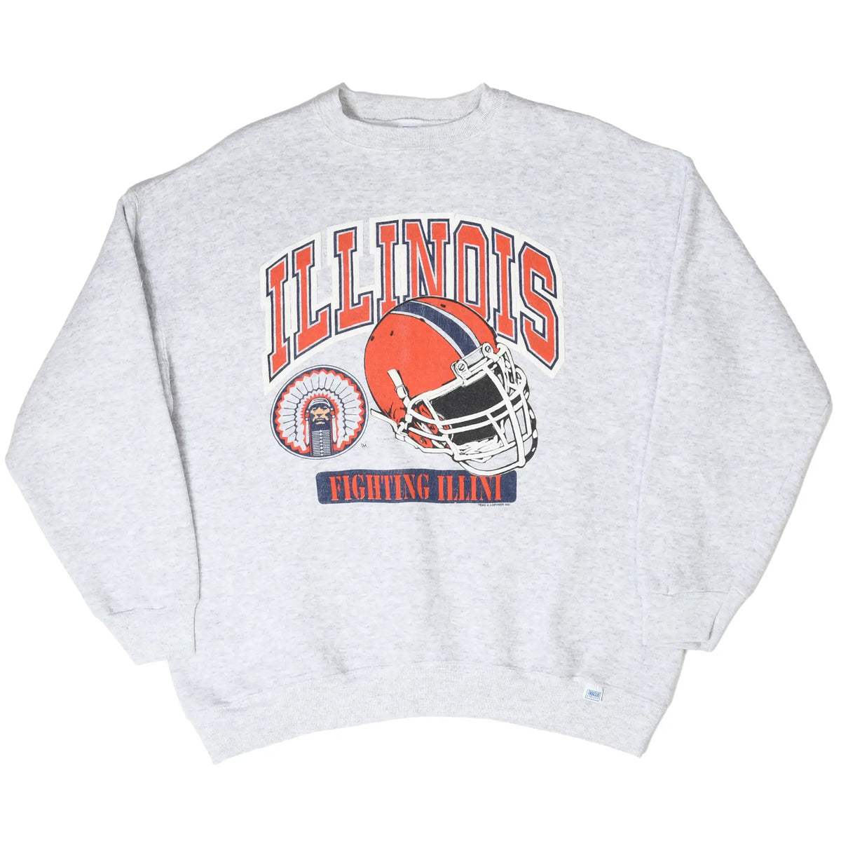 Full front of grey Illinois Fighting Illini sweatshirt with orange football helmet graphic