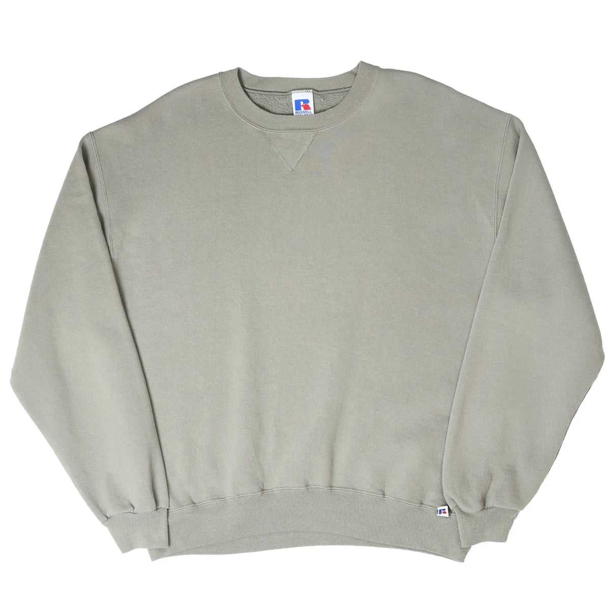 Full front view of blank taupe Russell Athletic crewneck sweatshirt