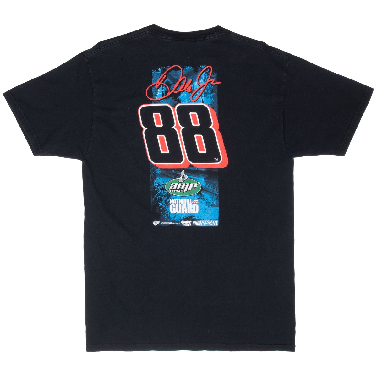 Back of black Dale Earnhardt Jr. T-shirt with number 88, AMP Energy and National Guard print