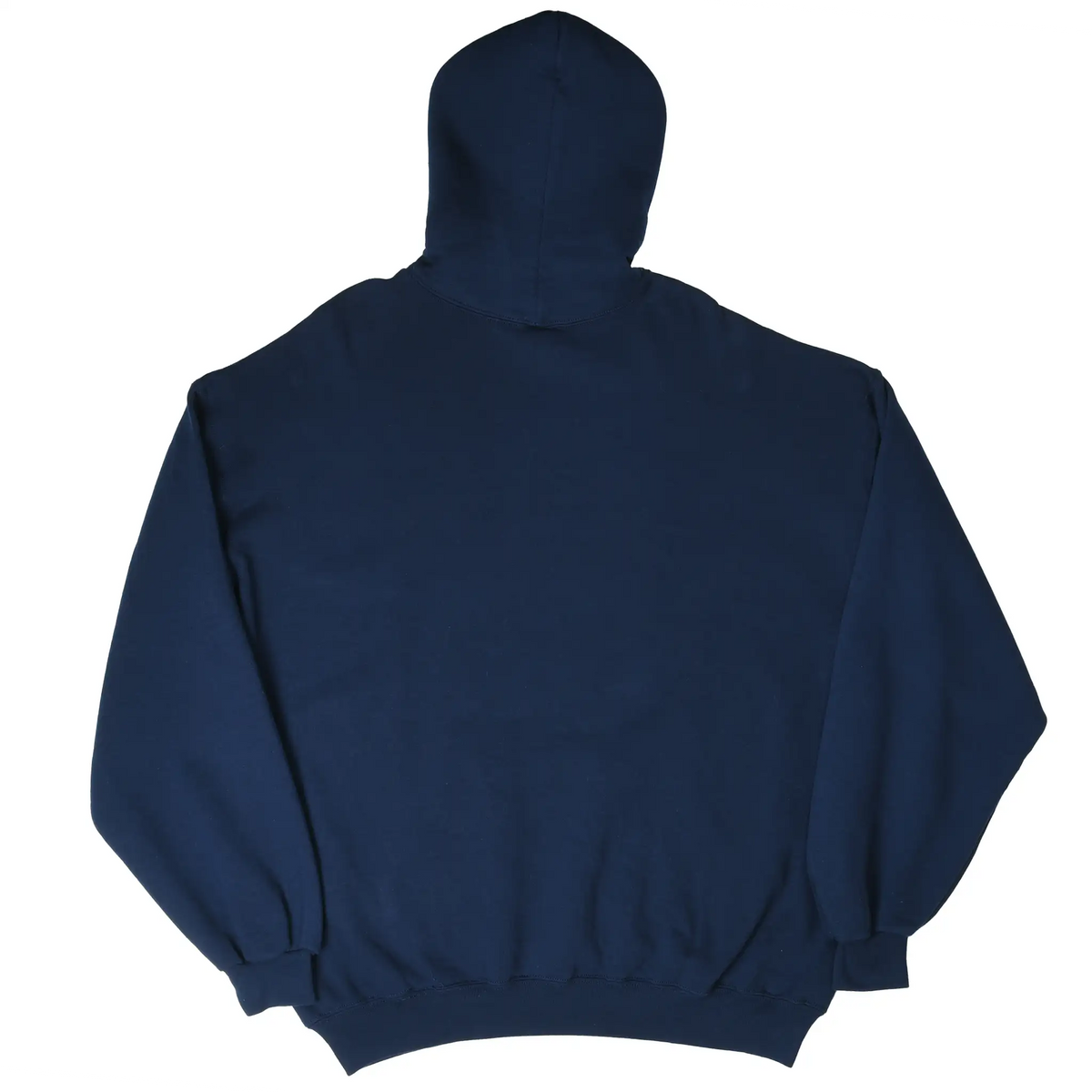 Back of navy blue Russell Athletic pullover hoodie laid flat