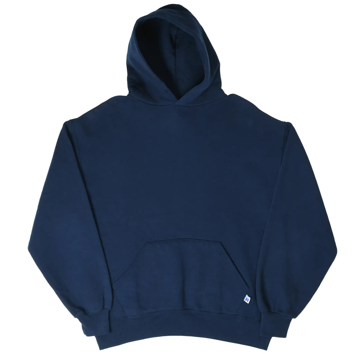 Front view of navy blue Russell Athletic pullover hoodie laid flat