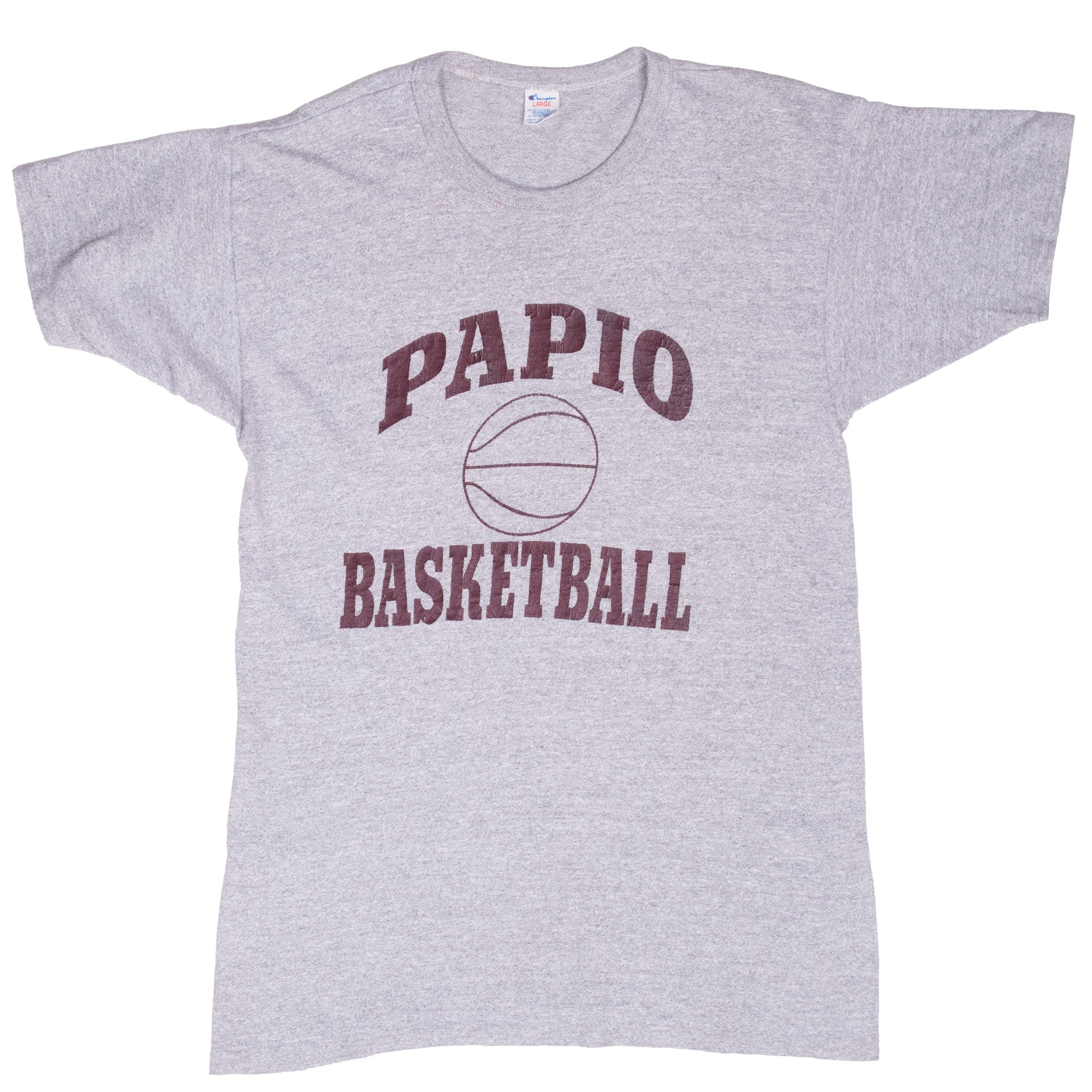 Full front view of gray Champion Papio Basketball T-shirt