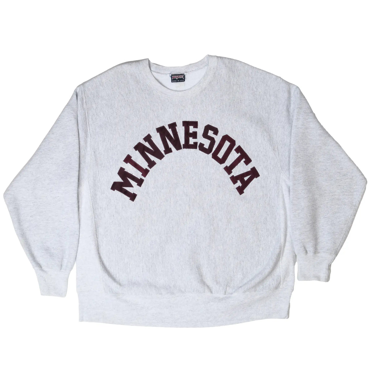 Full front view of gray sweatshirt with arched maroon Minnesota embroidery