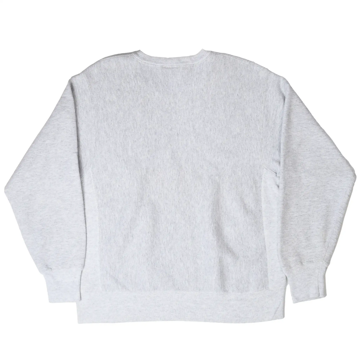 Plain back of gray crewneck sweatshirt with ribbed cuffs and waistband