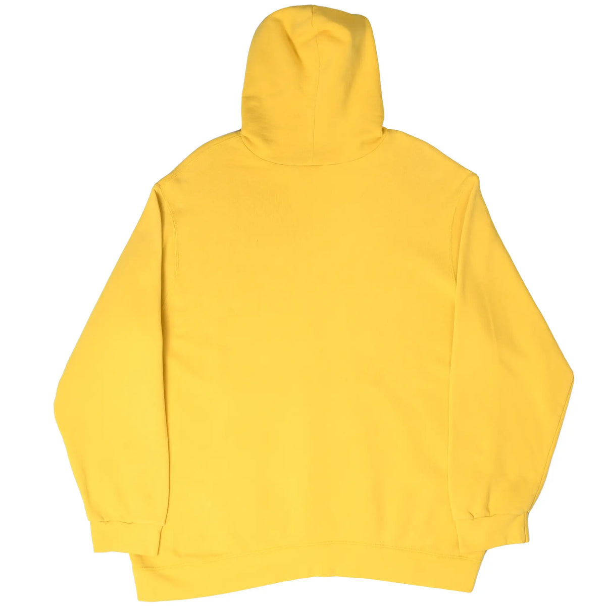Back of plain yellow Nike pullover hoodie with hood and ribbed cuffs and hem