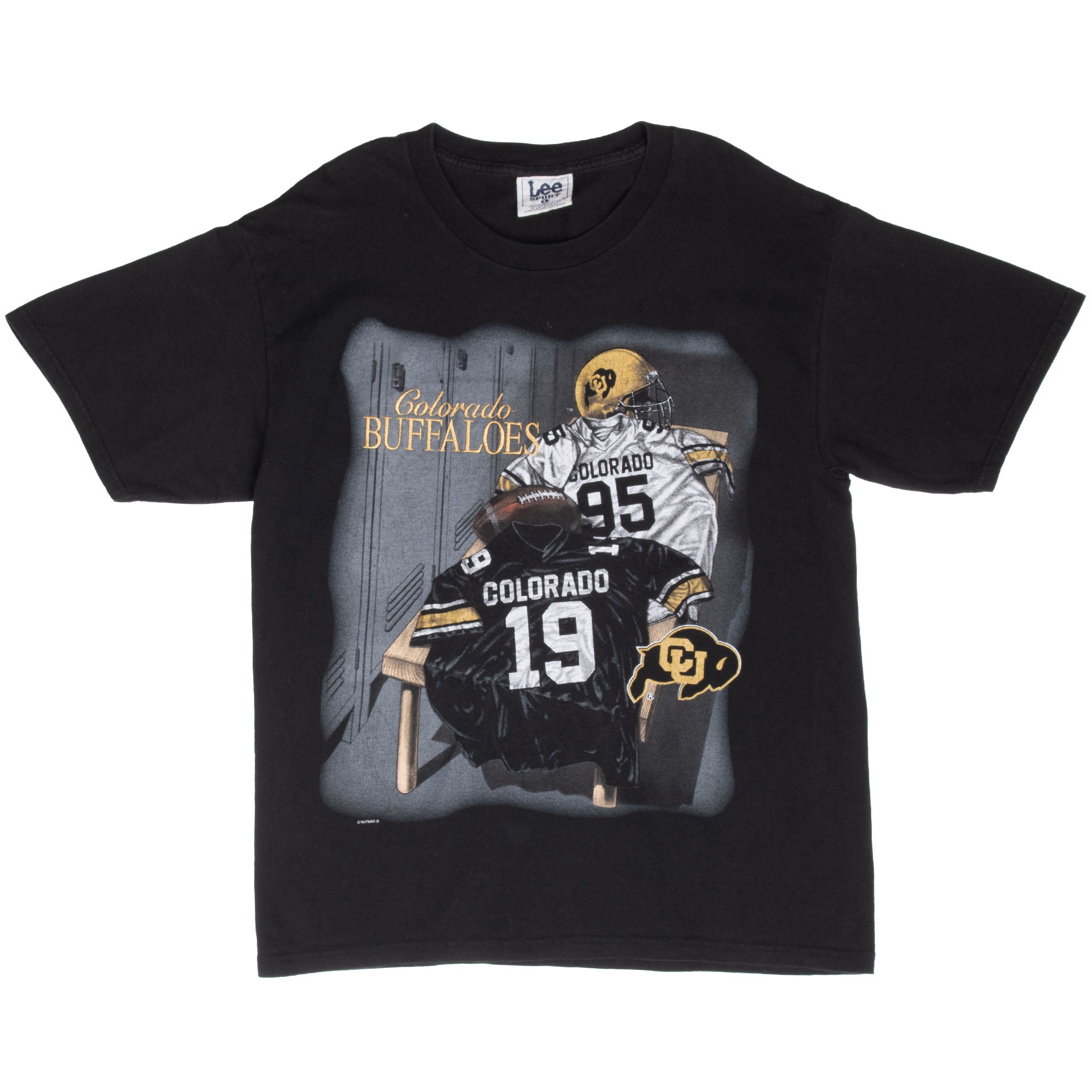 Front of black Colorado Golden Buffaloes T-shirt with football players and CU logo graphic