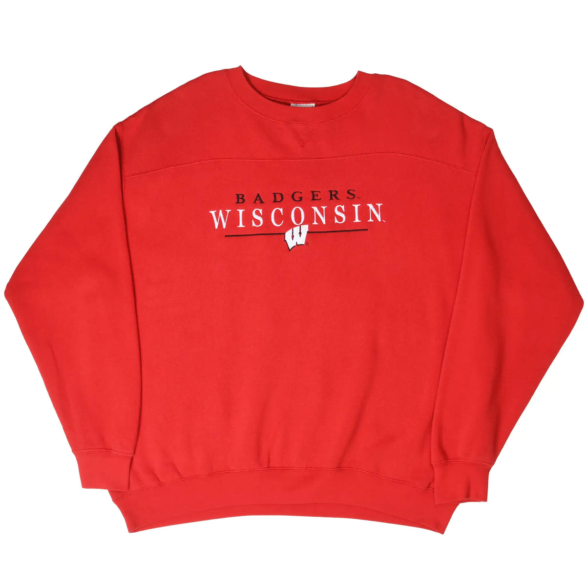 Full front view of red Wisconsin Badgers crewneck sweatshirt with embroidered chest logo