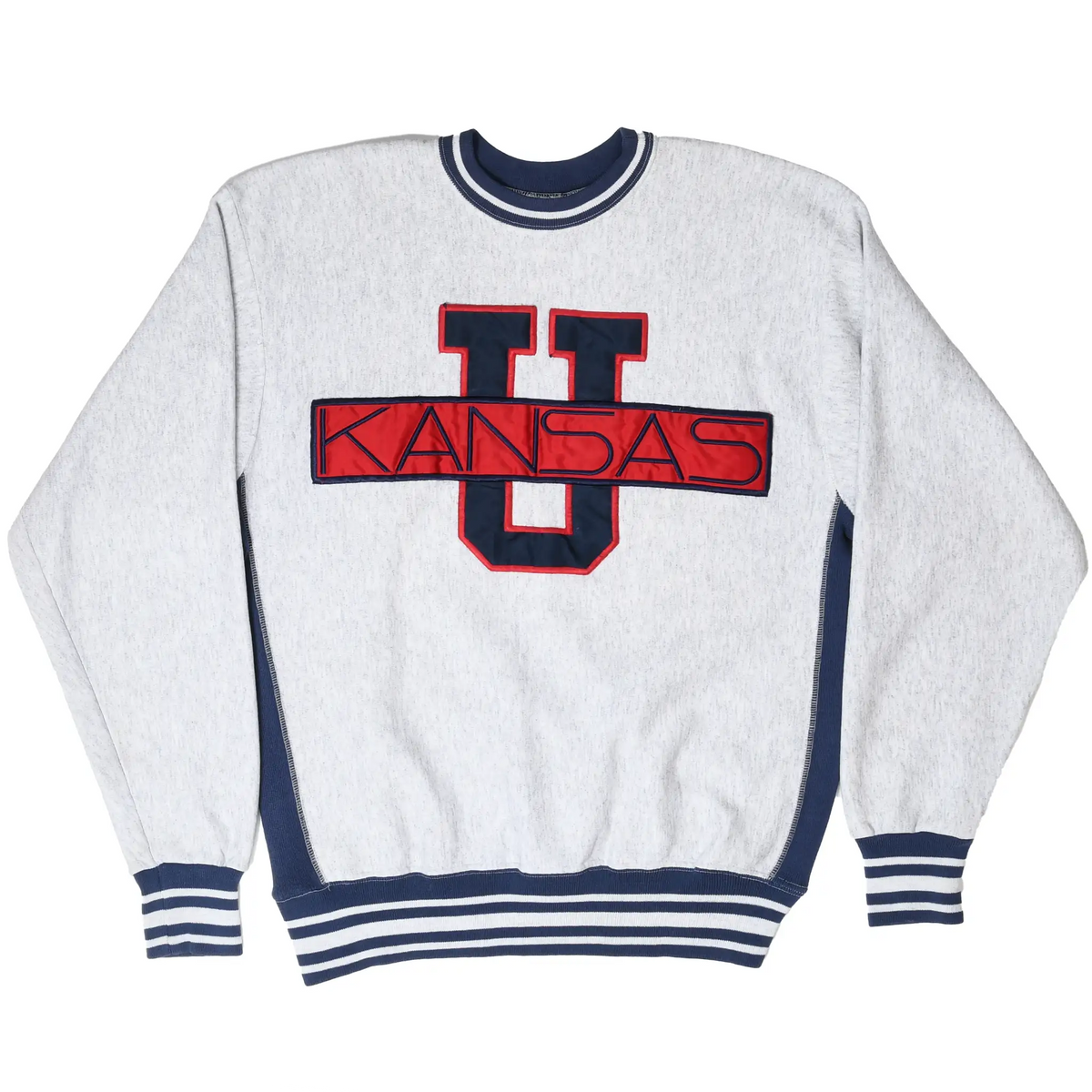 Full front view of grey Kansas University sweatshirt with navy and red U graphic