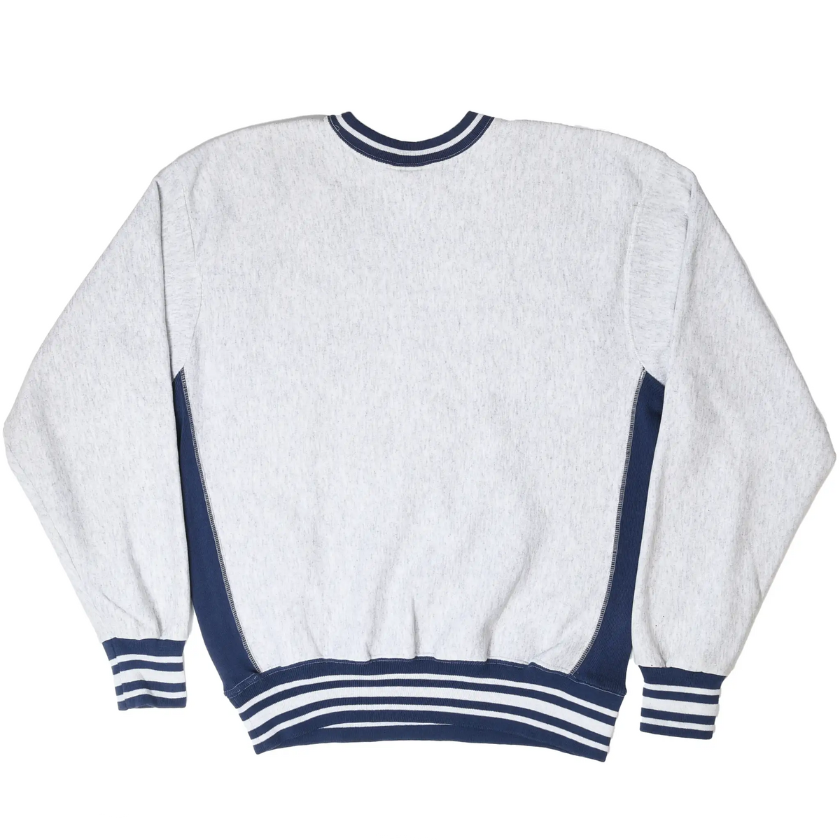 Back of grey Kansas University sweatshirt with navy side panels and striped ribbed trim