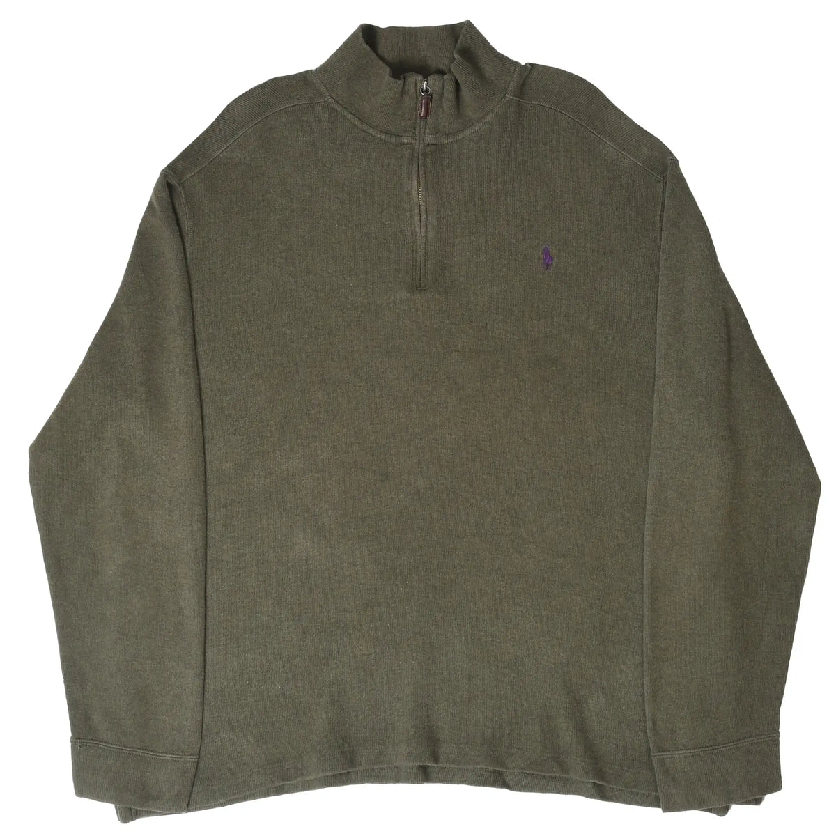 Full front view of olive green Polo Ralph Lauren quarter-zip sweater