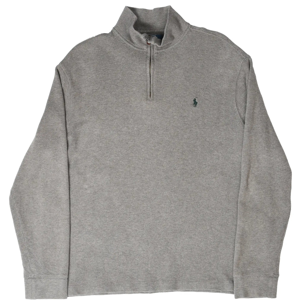 Full front view of grey Polo Ralph Lauren quarter-zip sweater with green pony logo
