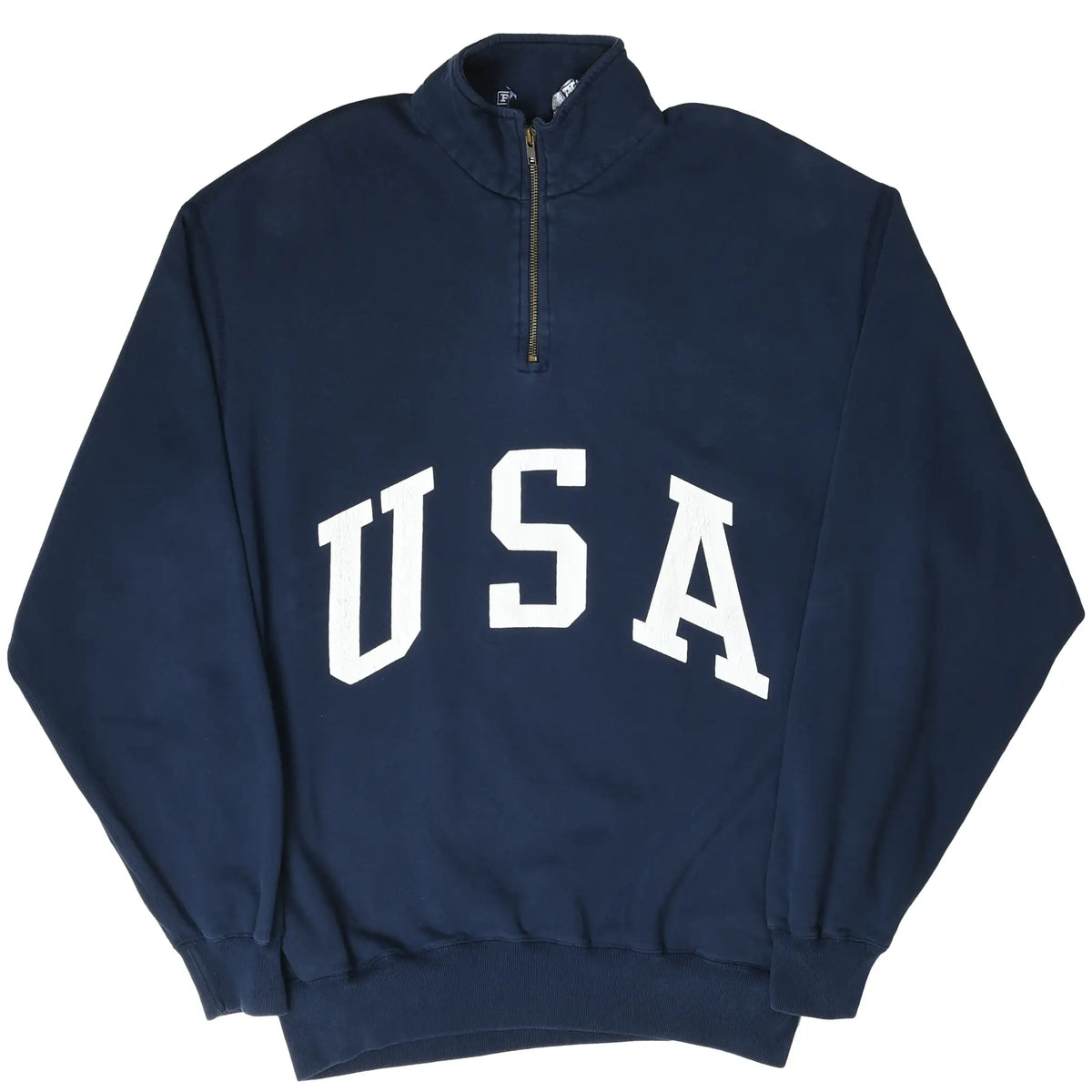 Full front view of navy Polo Ralph Lauren quarter-zip sweatshirt with white USA print