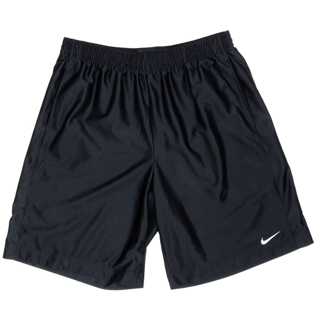 Front of black Nike basketball shorts with elastic waistband and white embroidered Swoosh