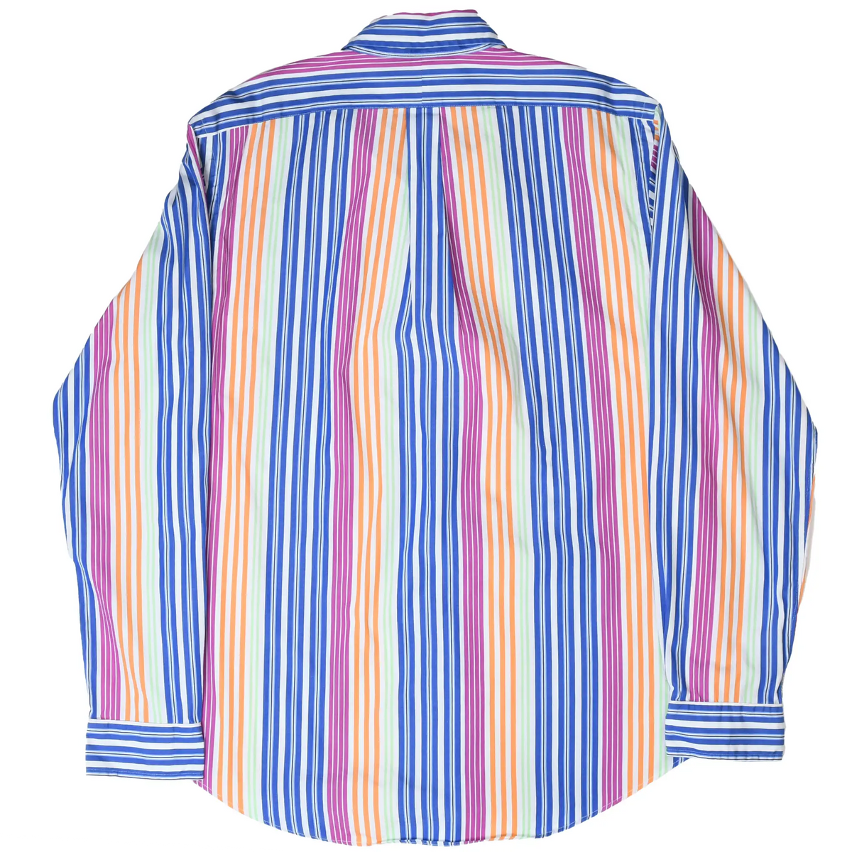 Back of Ralph Lauren shirt with blue, purple, orange and green vertical stripes