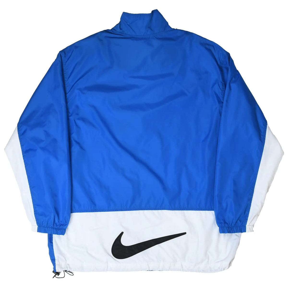 Back of blue Nike windbreaker with white lower panel and large black Swoosh print
