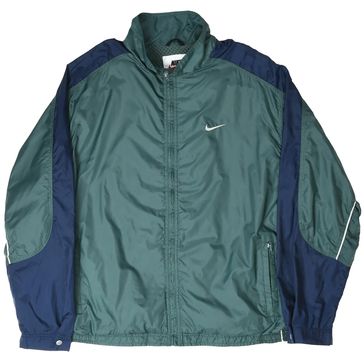 Front of green and navy Nike zip-up windbreaker with white Swoosh embroidery