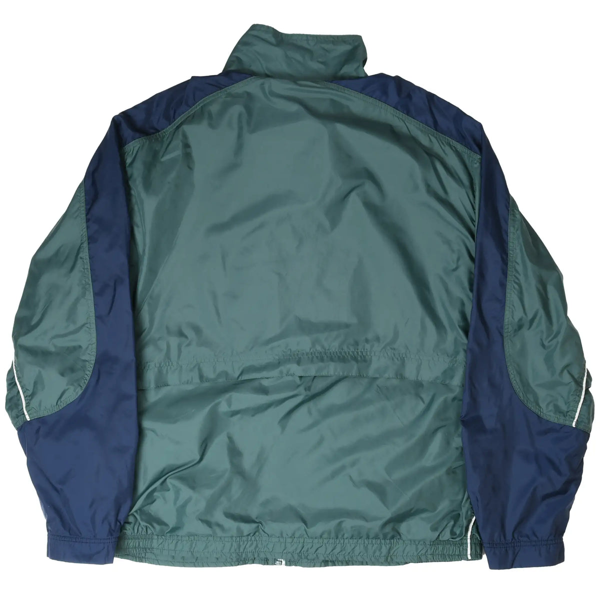 Back of green Nike windbreaker with navy shoulder and sleeve panels