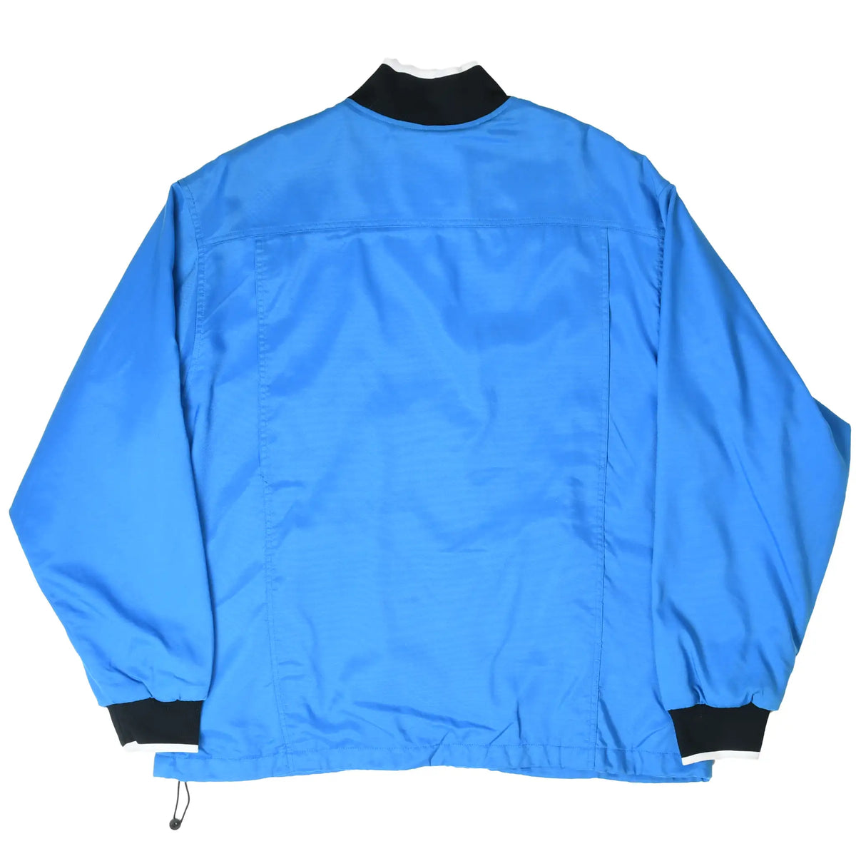 Back of blue Nike windbreaker jacket with black cuffs and adjustable drawcord hem
