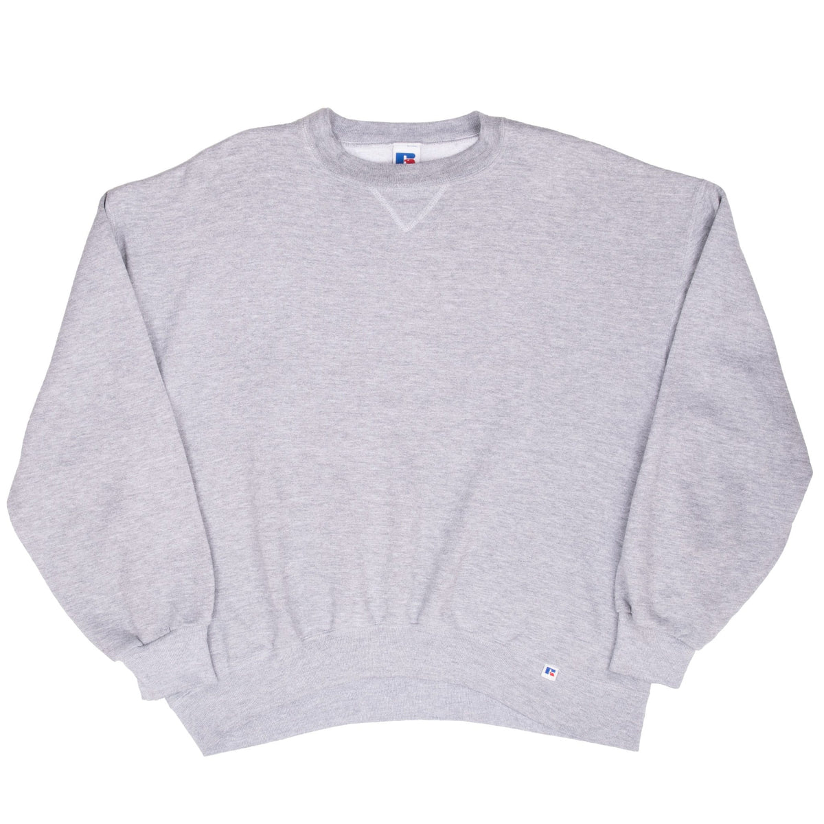 Full front view of a blank gray Russell Athletic crewneck sweatshirt