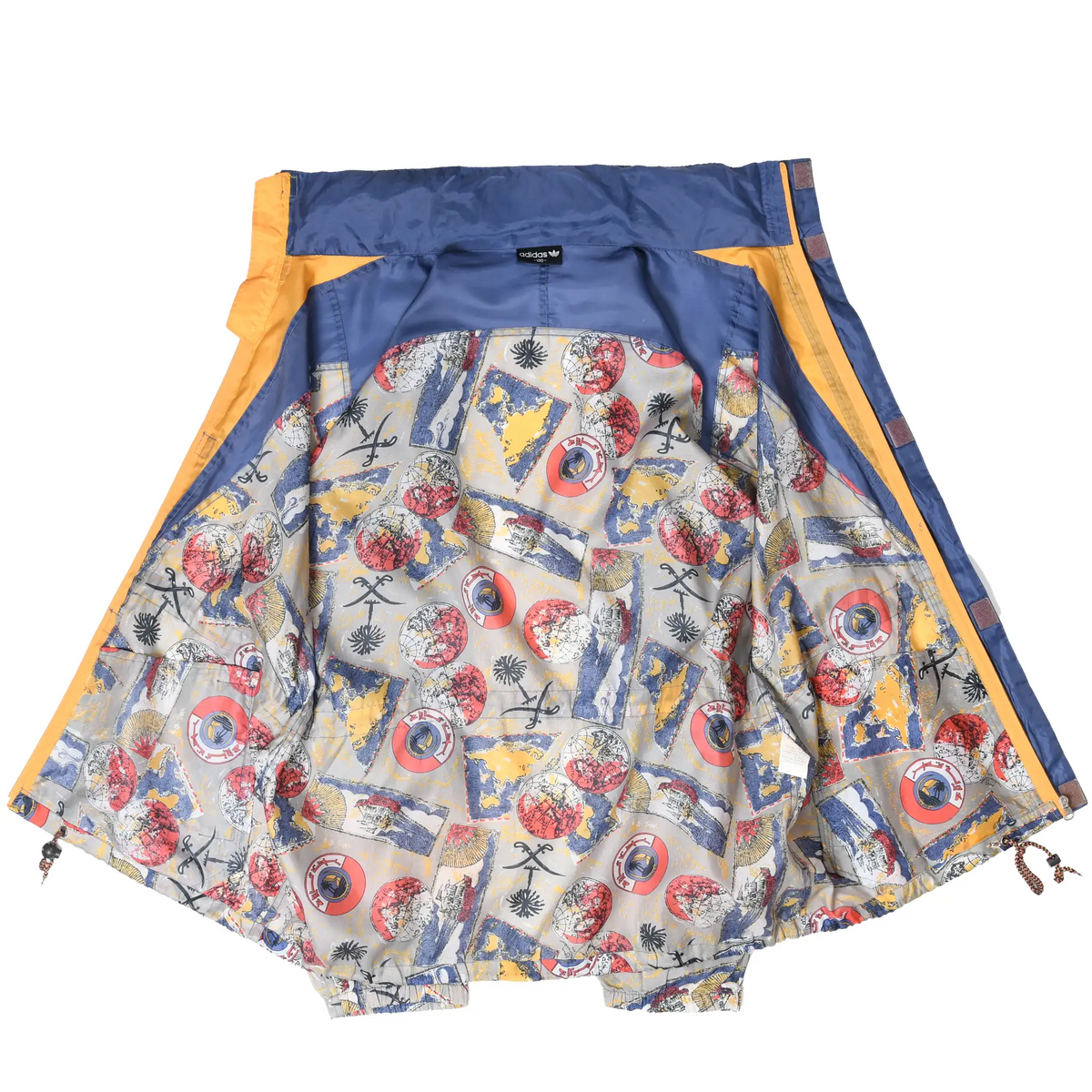 Open Adidas windbreaker showing blue lining and multicolor map-print interior