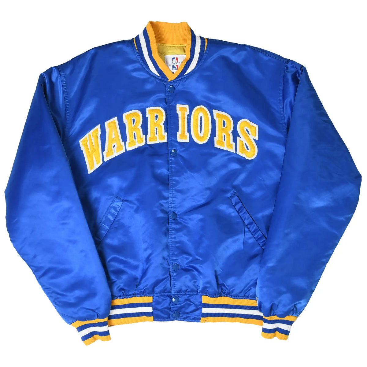 Full front of blue Warriors snap jacket with striped collar, cuffs and waistband