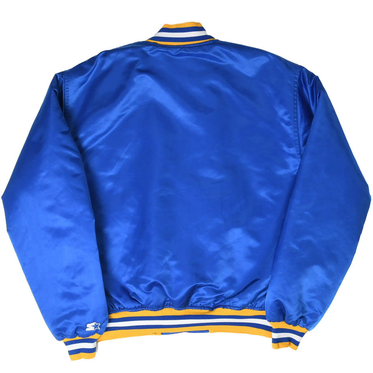 Back of blue Warriors satin jacket with gold, white and blue striped trim