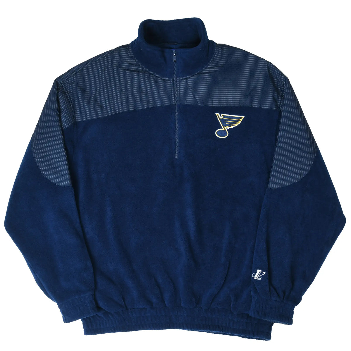 Full front view of navy St. Louis Blues quarter-zip fleece jacket with striped panels