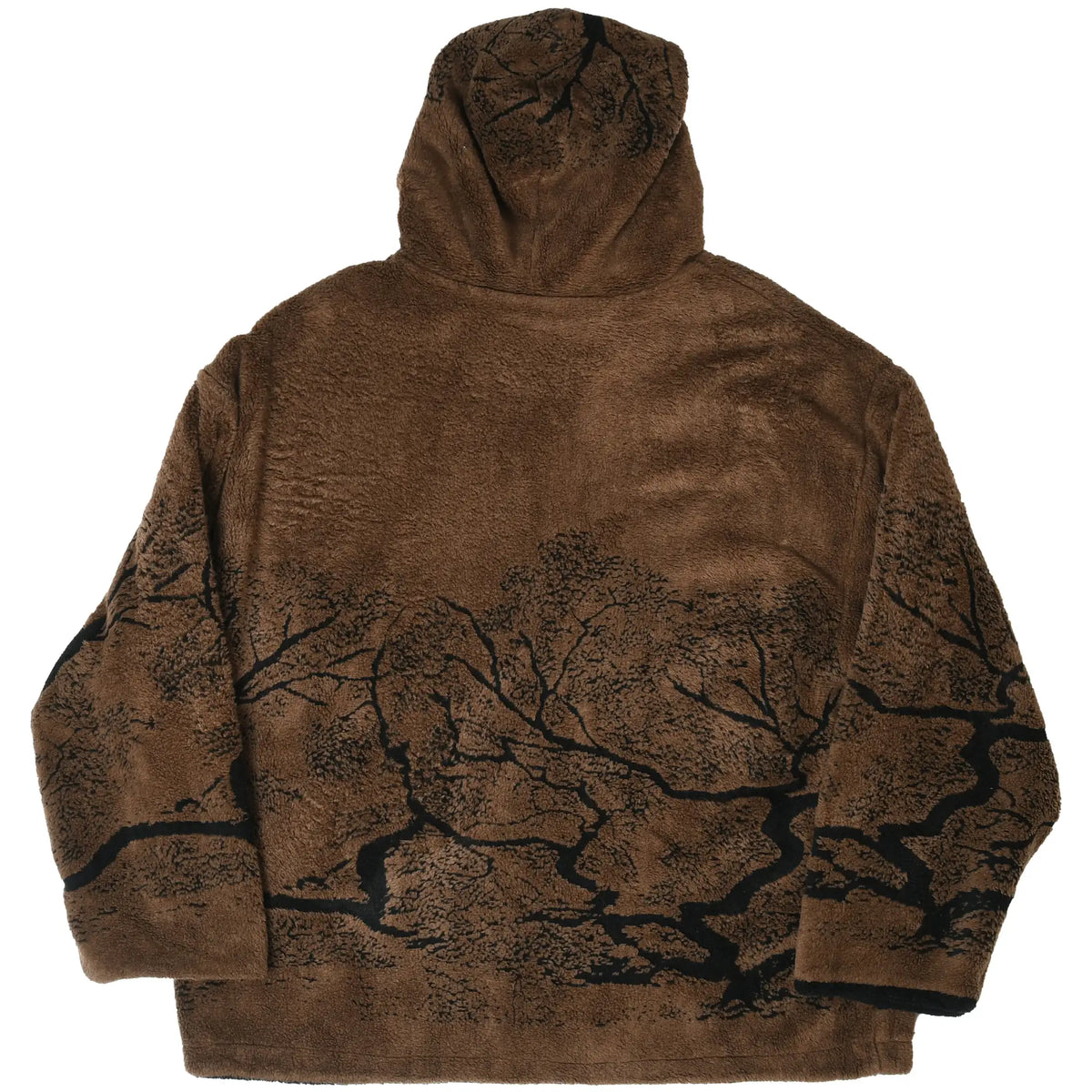 Back of brown Country Woods hooded fleece jacket with black tree branch print
