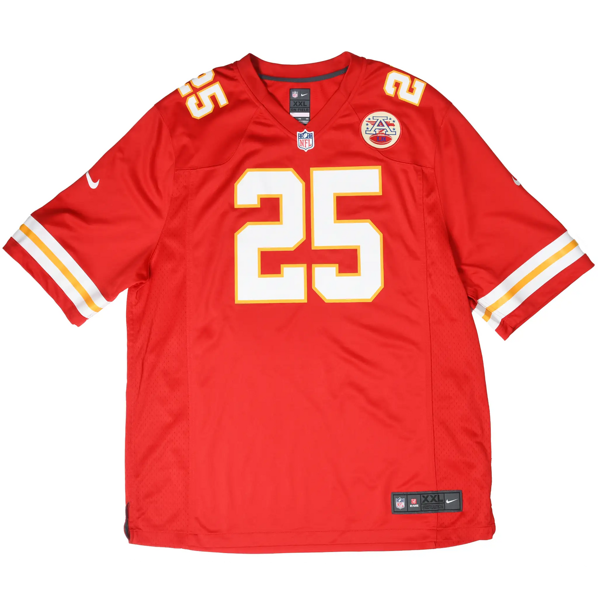 Front view of red Kansas City Chiefs number 25 Nike jersey