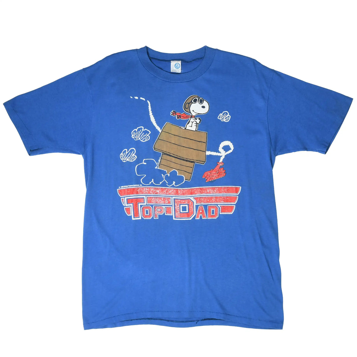 Full front view of blue Peanuts T-shirt featuring Snoopy flying ace and Top Dad print