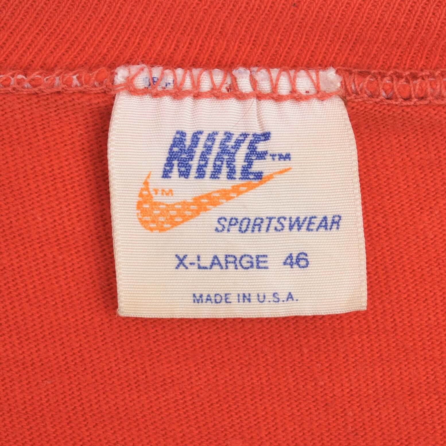 Vintage Nike Spellout Swoosh Red Tee Shirt 1970S Size XL Made In USA With Single Stitch Sleeves