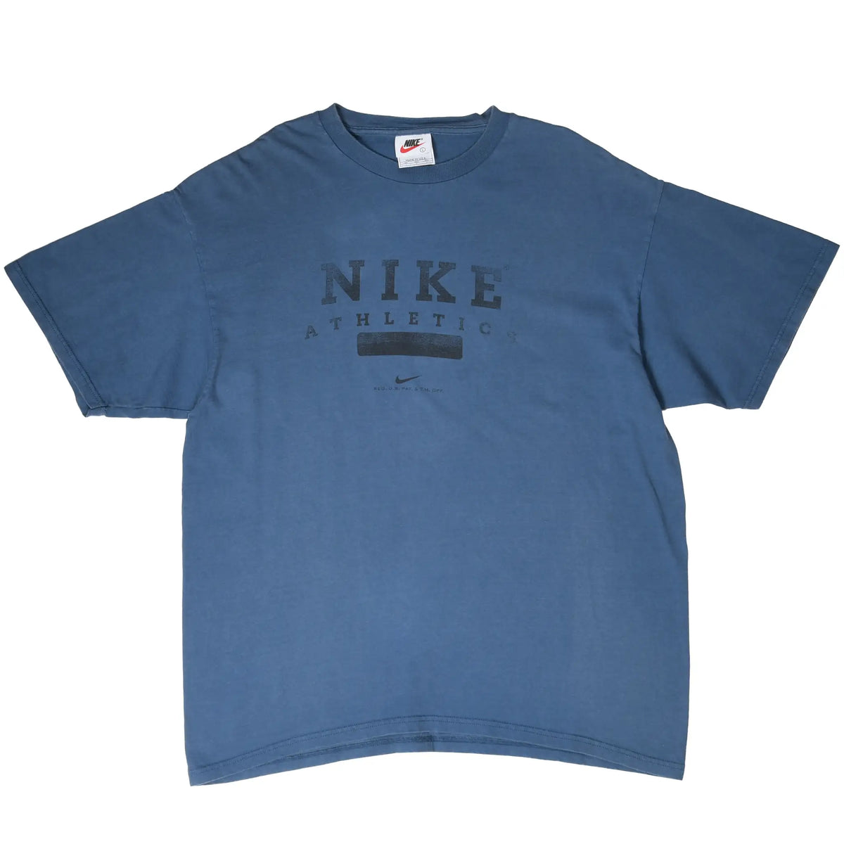 Full front view of blue-grey Nike T-shirt with black Nike Athletics chest graphic