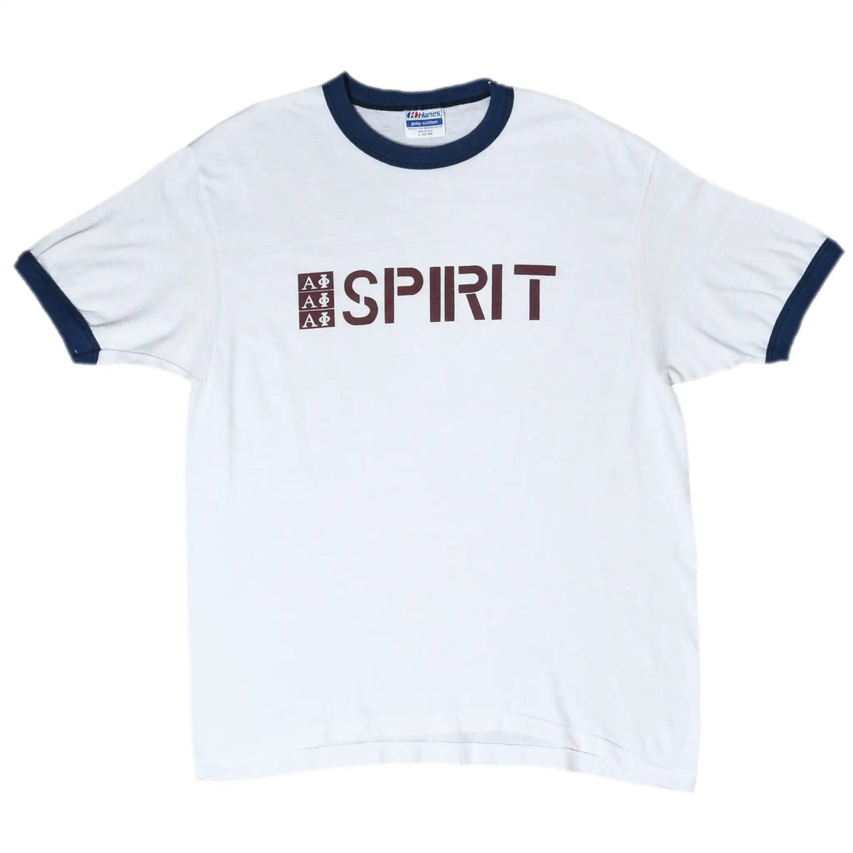 Full front of white Alpha Phi Spirit ringer T-shirt with navy collar and sleeve trim