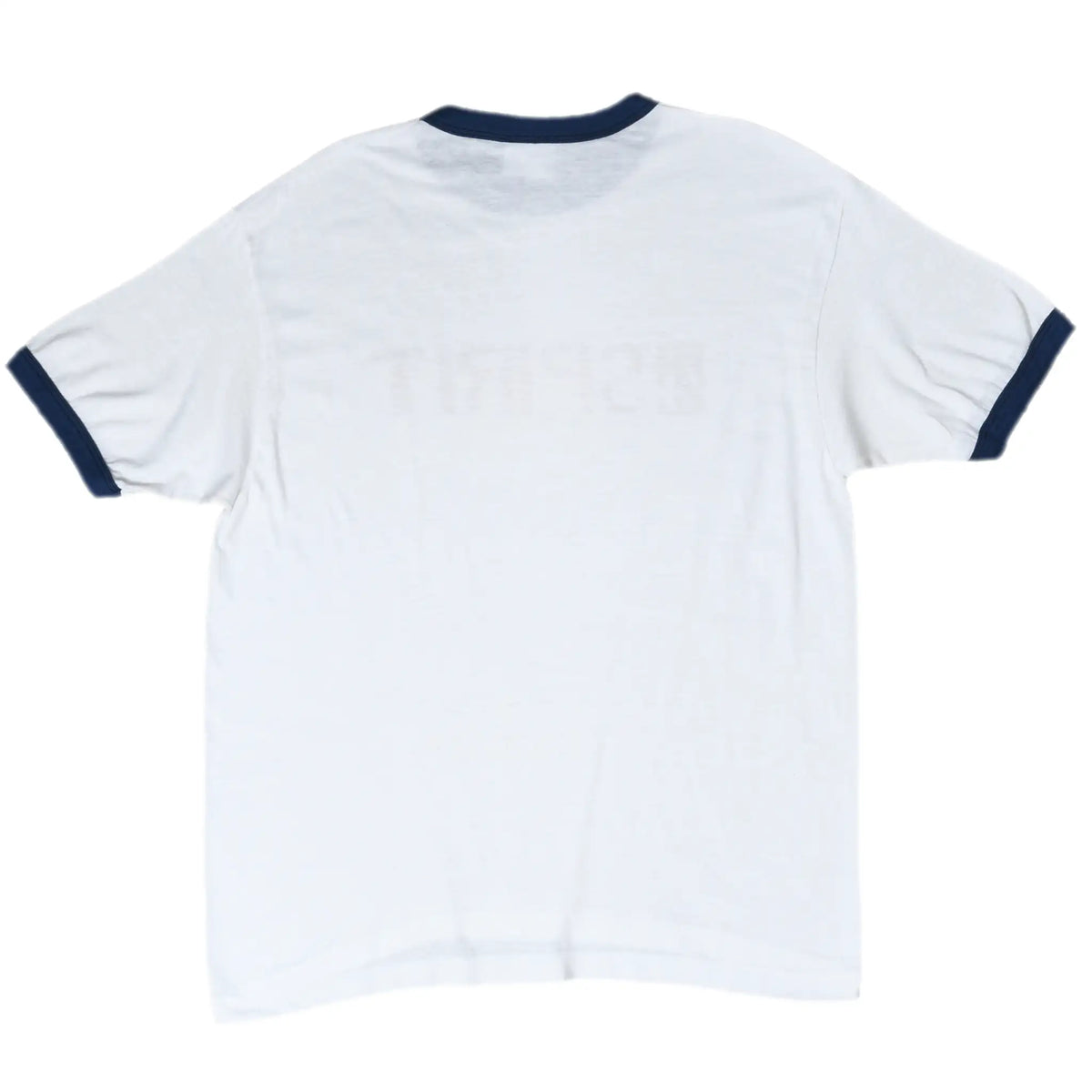 Plain back of white ringer T-shirt with navy collar and sleeve trim