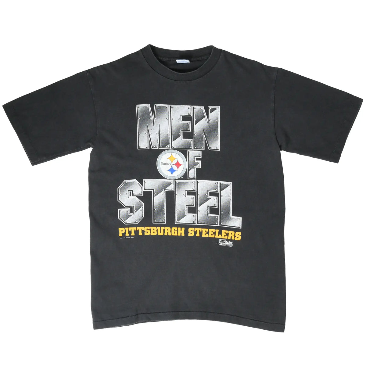 Full front of black Pittsburgh Steelers Men of Steel graphic T-shirt