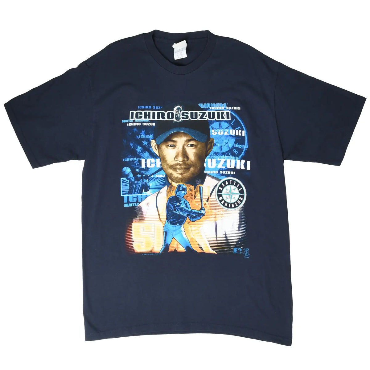 Full front view of navy Ichiro Suzuki Seattle Mariners graphic T-shirt