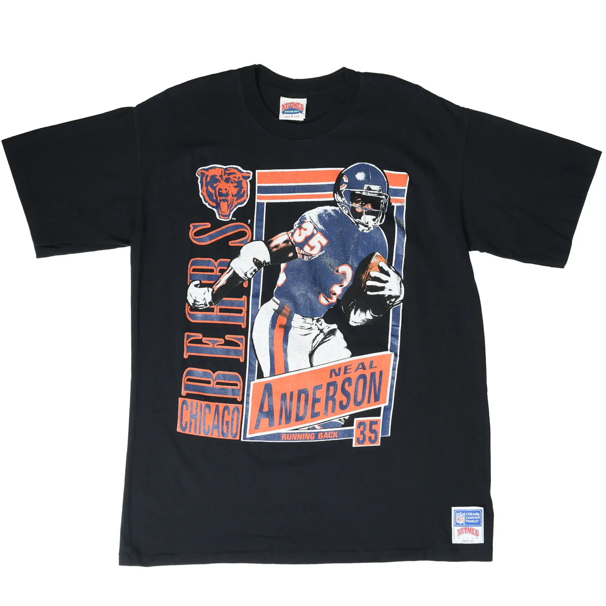 Full front view of black Chicago Bears T-shirt featuring Neal Anderson in navy and orange