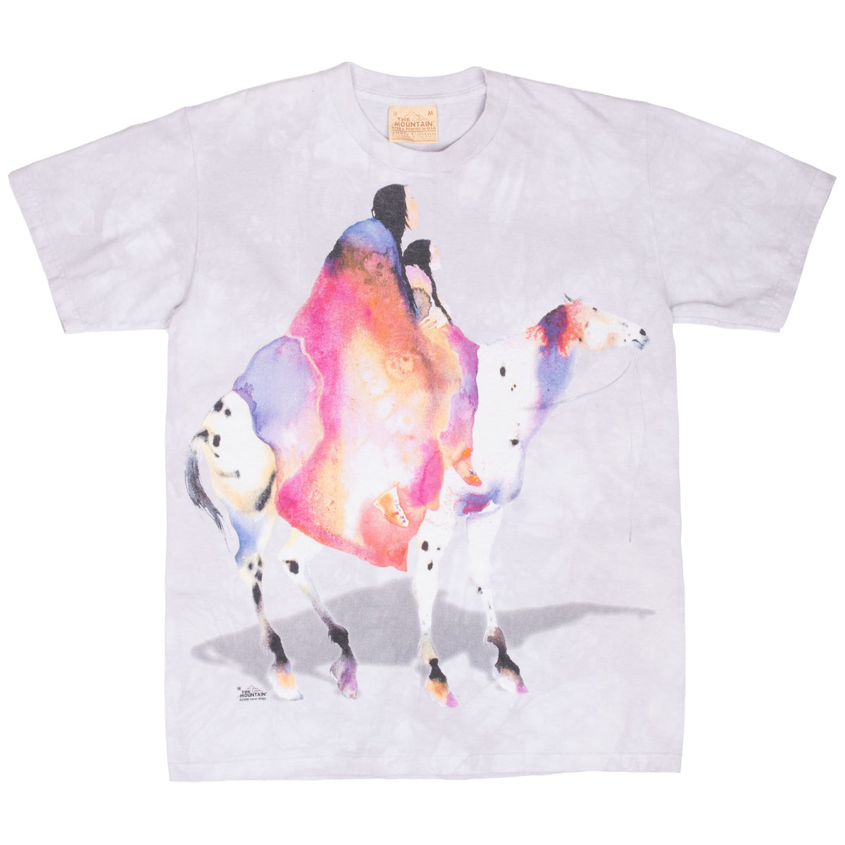 Full front of pale lavender The Mountain tee with colorful riders on horseback graphic