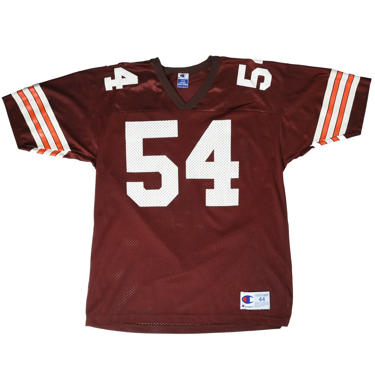 Front of brown Cleveland Browns Champion jersey with white number 54 and striped sleeves