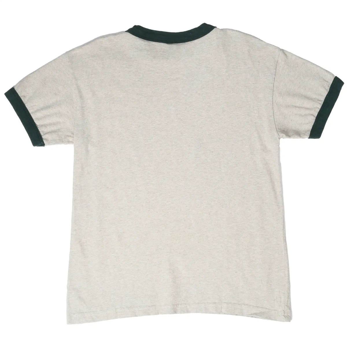 Plain back of gray ringer T-shirt with dark green collar and sleeve trim