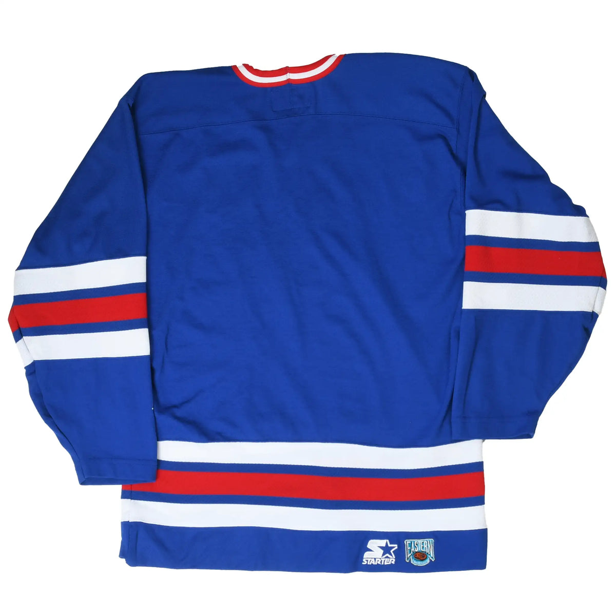 Back of blue New York Rangers Starter hockey jersey with red and white sleeve and hem stripes