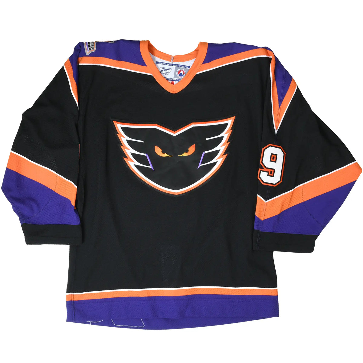Full front of Philadelphia Phantoms jersey with black body, purple and orange trim, and number 9